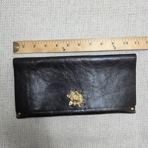 Moss Mills Dark Brown / Black Leather Lotus Flower Studded Envelope Clutch Bag - Picture 3 of 10